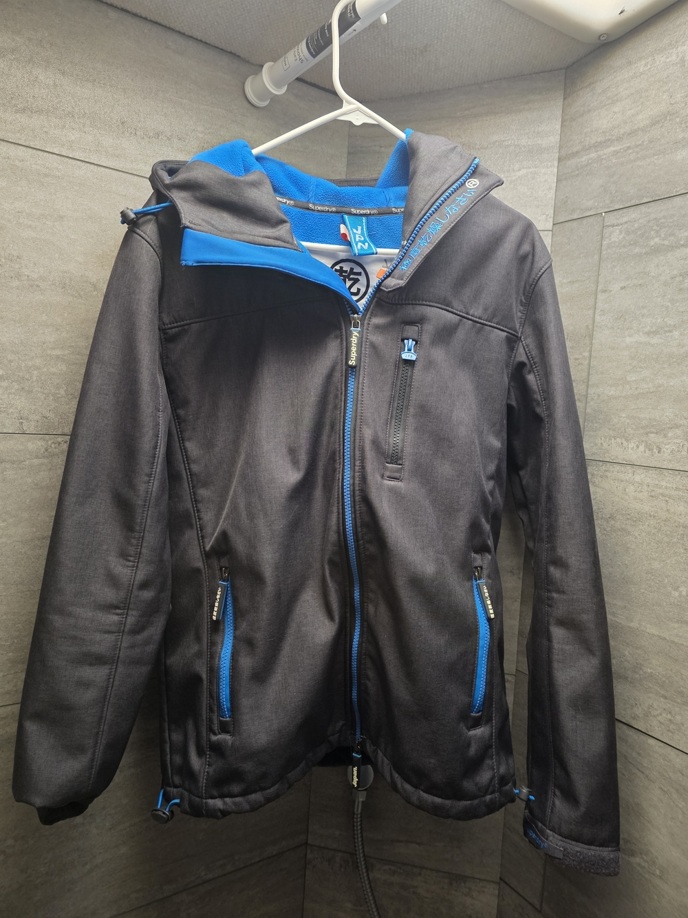 Dark Grey and Bright Blue Hooded Softshell Jacket